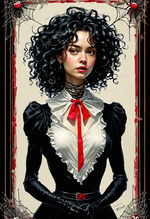 Prompt: ↑  ★★★★☆ ✦✦✦✦✦, a woman in a black dress standing in front of a spider web, a book cover for like danger, messy curly hair, she‘s wearing a red neckerchief, TIFF