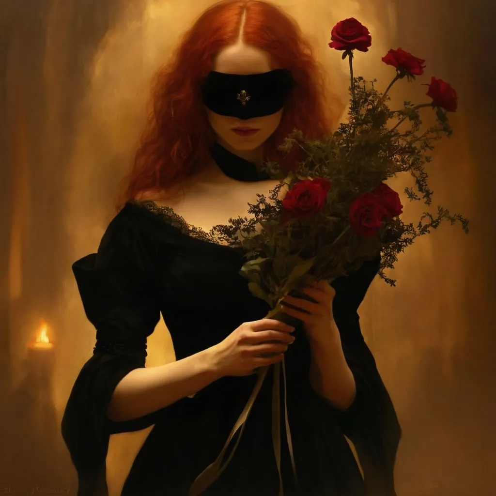 Prompt: a woman in a black dress holding a bunch of flowers, fantasy blindfold, cgsociety ), trending on artstatioin, sepia photography, red haired goddess, witch paying for her sins, oil on linen, young queen jezebel, masked, photorender