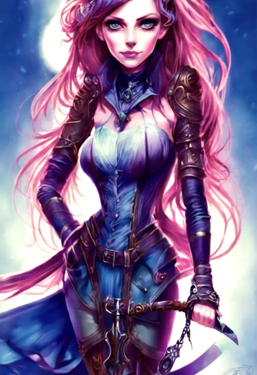 Prompt: a woman with long pink hair holding a sword, by Artgerm, fantasy art, blue and violet, artwork in the style of guweiz, steampunk beautiful anime woman, shadowverse style