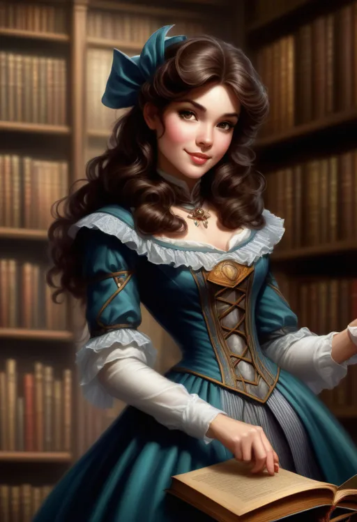 Prompt: a gorgeous mousy brunette woman, ((librarian in a magical fantasy library)), shy, sweet smile, wearing victorian fantasy aesthetic librarian costume, a comic book panel by Artgerm, Magali Villeneuve, deviantart contest winner, superflat, dc comics, official art, high resolution, taschen, TIFF