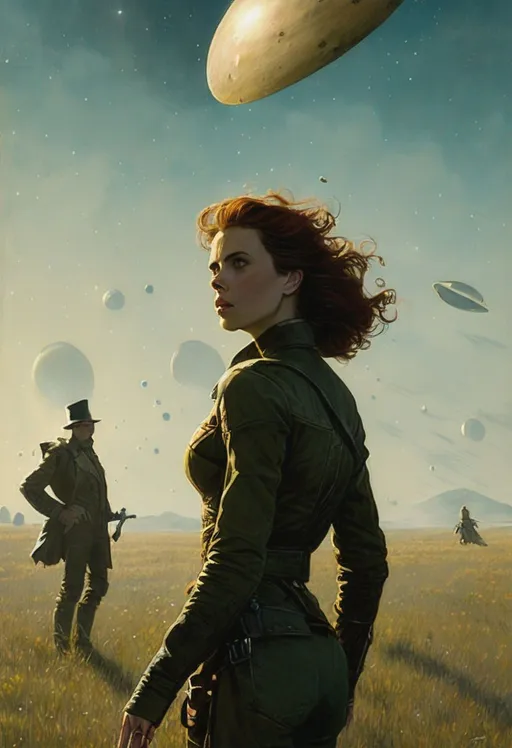 Prompt: A beautiful ufo abducting a woman from a field, art by Ettore Tito, Scarlett Johansson, by Albert Guillaume, nicola samuri, juan diaz canales, cecco bravo, story art