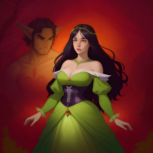 Prompt: xxinky25xx, zrpgstyle, Strong beautiful female in a mystical forest setting under a red aurora australis. Magical, beautiful, mythical, fae-like, detailed. Flowery Medieval corset with white undershirt, flowing green gown, waist-length black flowy hair, freckles, rosy cheeks, big hazel eyes, atmospheric lighting, full body, elvish necklace, headpiece.
