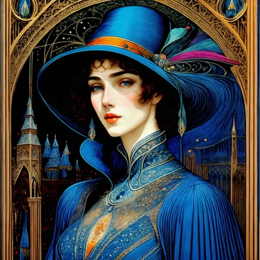 Prompt: a woman in a blue hat by Harry Clarke, stars in the night sky, middle-aged witch, astronomical, beautiful necromancer, verbena, taschen