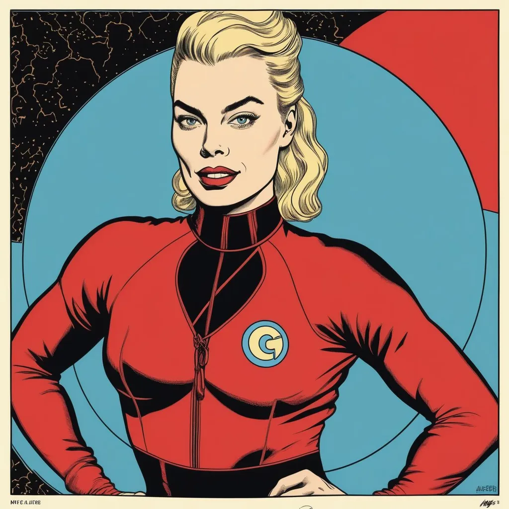 Prompt: Mike Allred's picture of Margot Robbie, square image, centered