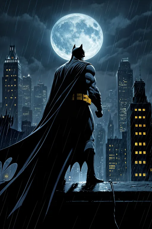 Prompt: Create a scene reminiscent of Bob Kane's iconic Batman style. Imagcolorsdark, gritty Gotham City, with towering skyscrapers and shadowy alleys. The city is illuminated by the full moon and a storm brews in the background, casting an ominous atmosphere. In the foreground, Batman stands vigilantly on a rooftop, his cape billowing in the wind. His expression is intense and determined, ready to protect his city from the lurking dangers. The colors should be dark and moody, with deep blues, blacks, and occasional highlights of city lights