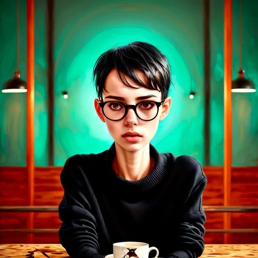 Prompt: cute girl in sweater black hair black wayfarer glasses sitting inside cafe drinking coffee, art by Alena Aenami, TIFF