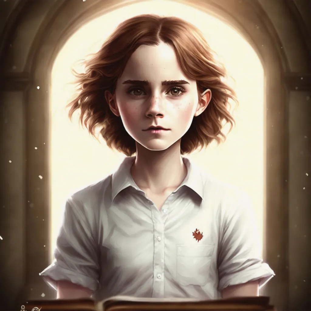 Prompt: sks, best quality, Emma Watson as Hermione Granger with long hair, long dark curly hair, magic school, Hogwarts aesthetic, elegant horror artwork, single character full body, Gryffindor, young girl, detective, emotional sad painting, liberty curls, hawkins, without text, elaine