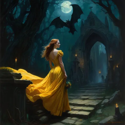 Prompt: a painting of a woman in a yellow dress, beautiful scary female vampire, the dark tower, style of james gurney, sansa, bats flying over tombstones, by Claire Hummel, walking into a deep dark florest, handsome male vampire, by Mary C. Davidson, [[fantasy]], vril, batwings, john waterhouse