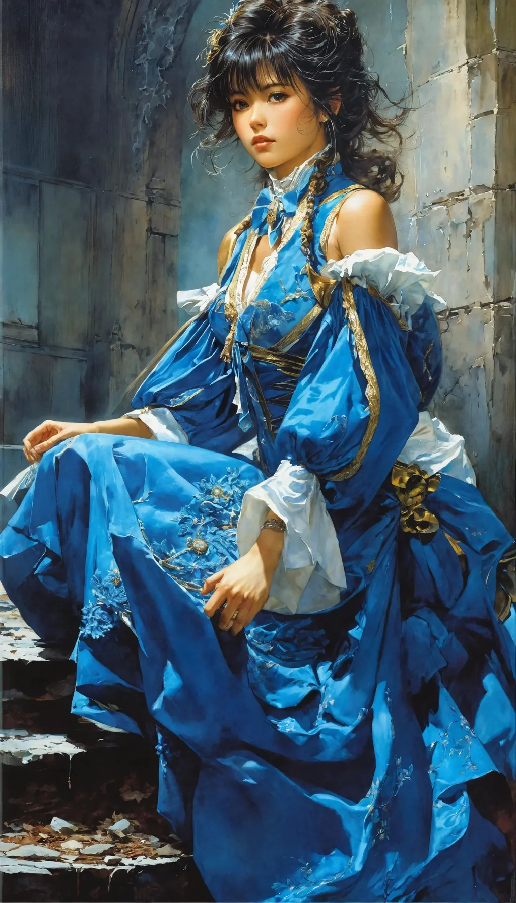 Prompt: epic mage girl character, noriyoshi ohrai masterpiece, victorian blue dress, taschen, TIFF