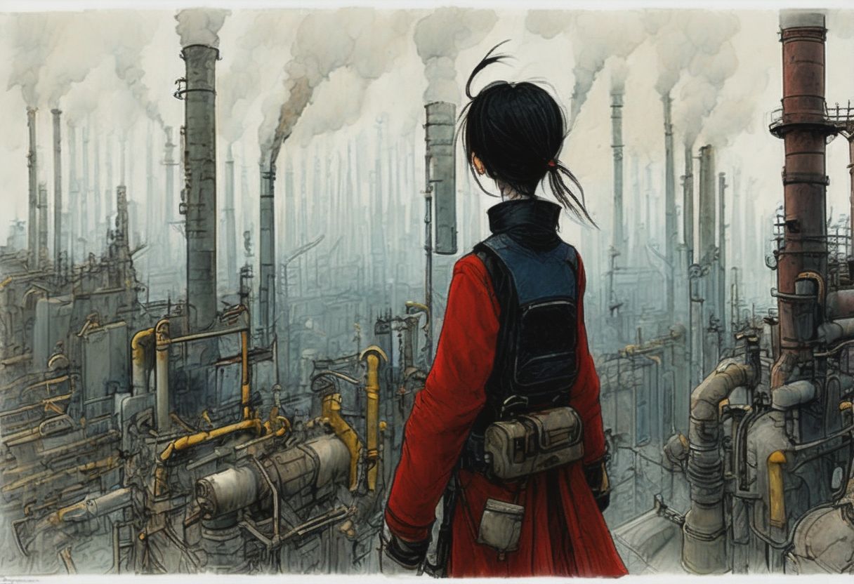 Prompt: a drawing of a girl standing on top of a building, dressed as a scavenger, industrial steam, the red citadel, panoramic view of girl, art by Sergio Aragones