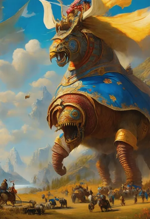 Prompt: a painting of a man riding on the back of a horse, concept art, by Brian Despain, fantasy art, 4 k detail fantasy, albert bierstadt 4 k, elephantine armored knight, kaladesh