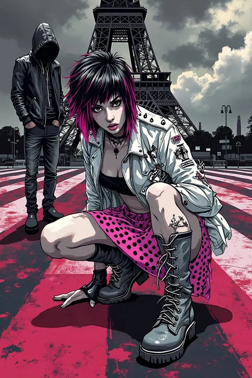 Prompt: Illustration of a fierce punk-styled woman crouching on a red and black striped surface in front of the Eiffel Tower. She wears a white jacket, pink polka-dot skirt, and thigh-high gray boots, her short hair dyed black with magenta streaks. The scene feels intense, with sharp shadows and bold outlines, while a mysterious man stands in the background. Gothic Parisian vibes