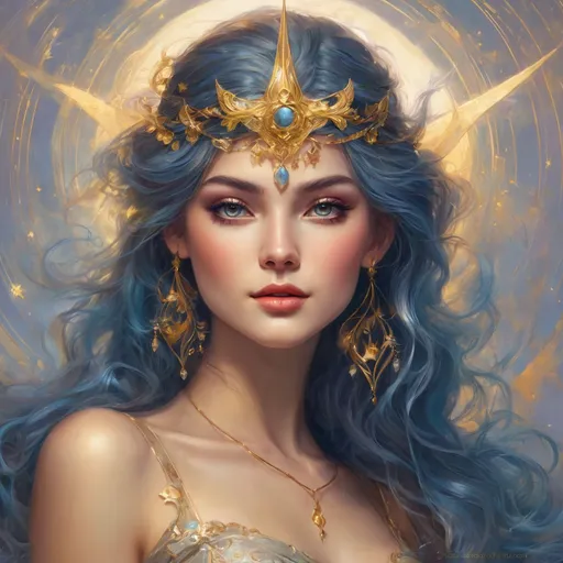 Prompt: luminous, ethereal, mythical woman, flowing golden hair, crescent moon, stars, celestial, outstretched hand, vibrant colors, warm tones, magical atmosphere, serene expression, tran, masterful brushwork, fantasy, night sky, celestial bodies, graceful pose, floating, art nouveau style