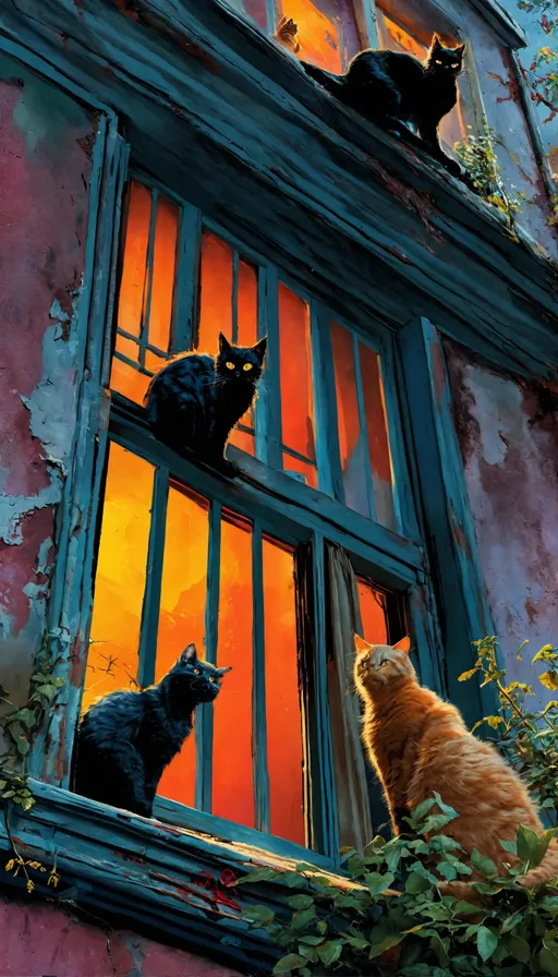 Prompt: cover story, a magazine cover for the wildcat adventures, trending on zbrush central, a close up of a comic book cover, a painting of a group of cats looking out of a window, italian horror, highly detailed