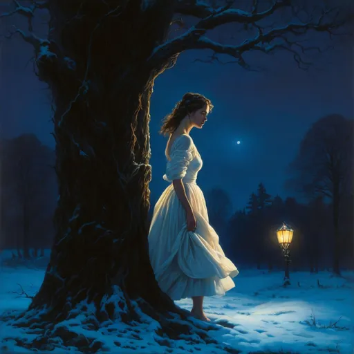 Prompt: a woman in a white dress standing next to a tree, by Clyde Caldwell, cloaked dark winter night, in the art style of bowater, by David Young Cameron, people running in fear, horror film still, blue coat, pride and prejudice, dark corridors, from 2001, lamplight, girl in love, leering
