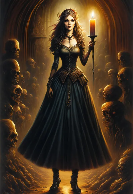 Prompt: a woman holding a candle in front of a group of zombies, a comic book panel by Steve Prescott, featured on deviantart, gothic art, official art, gothic, goth