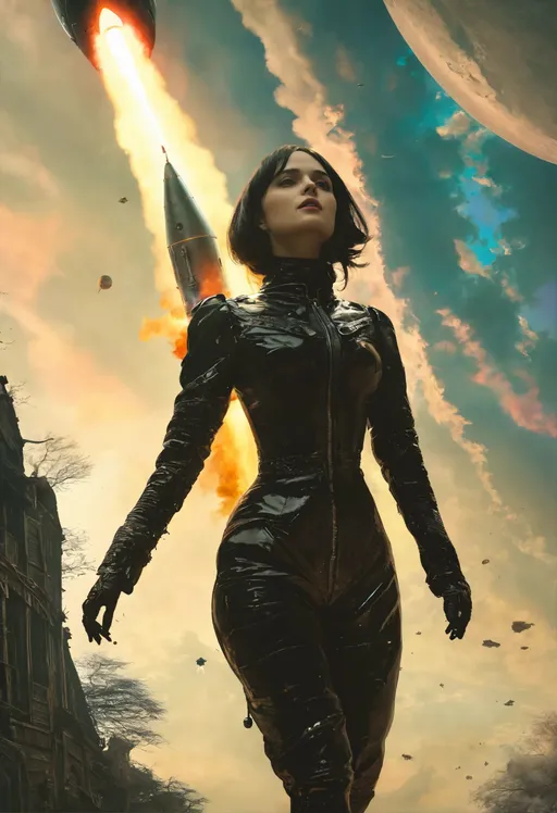 Prompt: gothic girl dressed in black, a rocket ship is launching and leaving the earth, loom, action scene, soft light from the side, hyper detailed, slick clammy skin, retrofuturistic female android, pride and prejudice