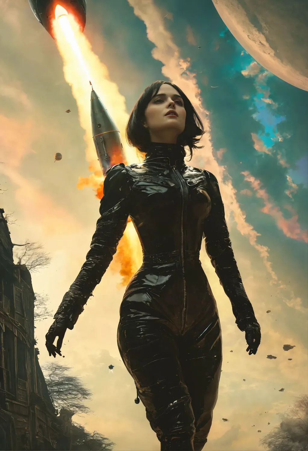 Prompt: gothic girl dressed in black, a rocket ship is launching and leaving the earth, loom, action scene, soft light from the side, hyper detailed, slick clammy skin, retrofuturistic female android, pride and prejudice