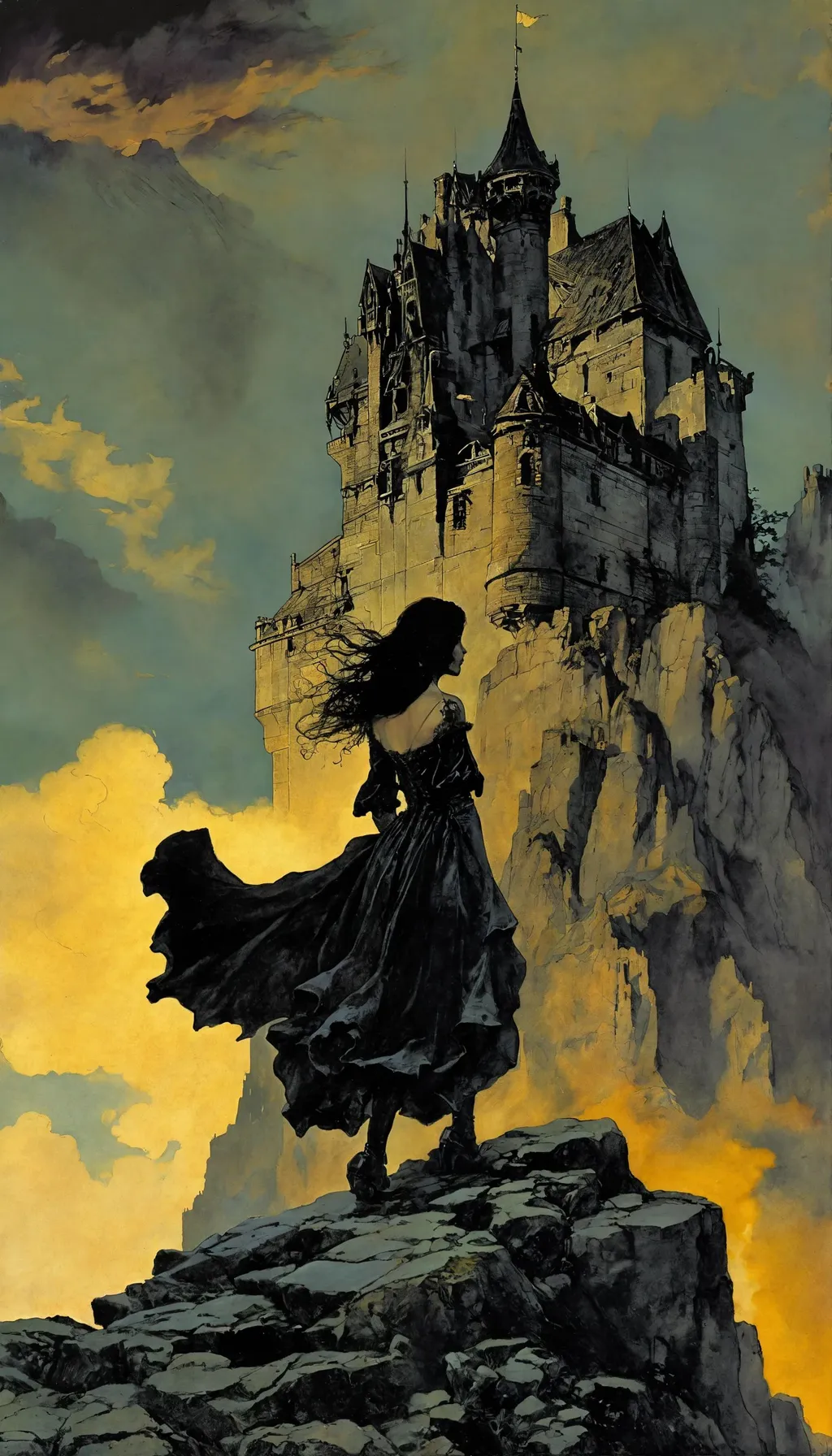 Prompt: style of john blanche, tumblr, rob rey, four stories high, by Earl Norem, chris van allsburg, a drawing of a castle on top of a hill, cover of magazine, shutterstock, art nouveau wallpaper, dark and stormy atmosphere, gothic woman posing