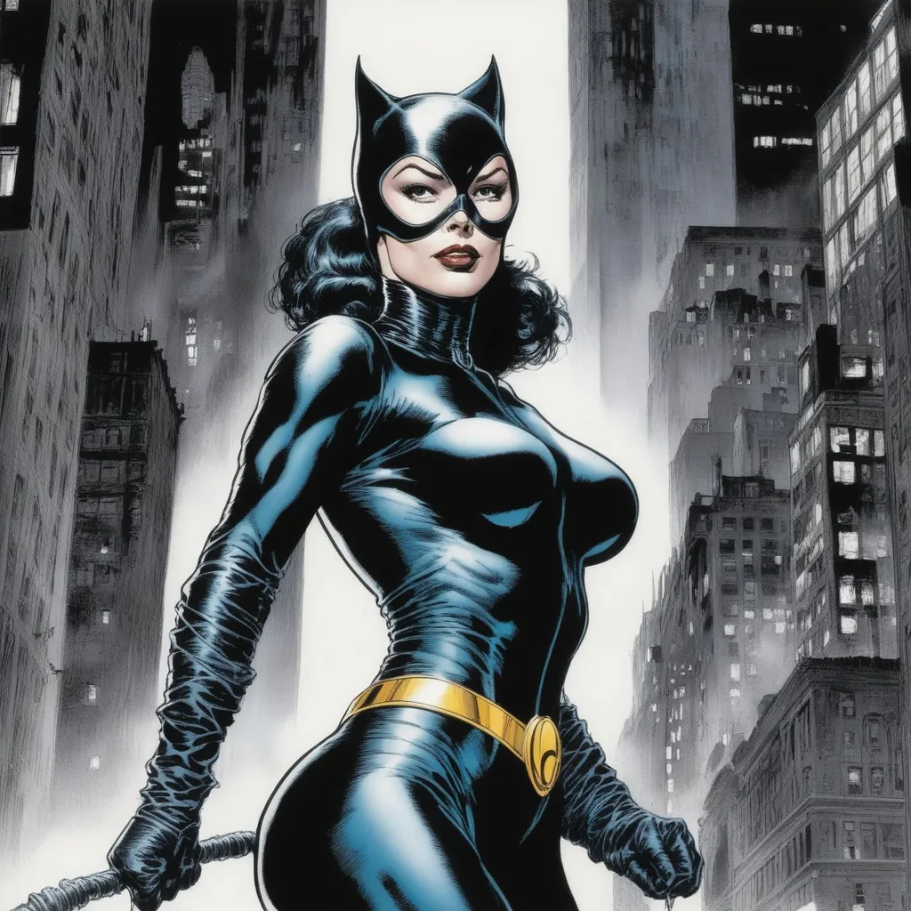 Prompt: A picture of Catwoman by Neal Adams, high detail, Catwoman costume, whip, Gotham city