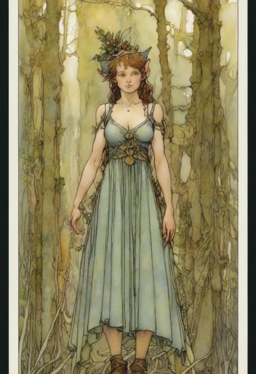 Prompt: forest elf, dress, by Alan Lee, by Frank Miller, symmetric face