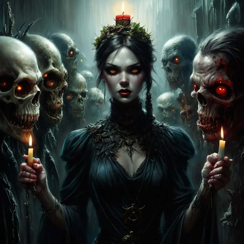 Prompt: a woman holding a candle in front of a group of zombies, a comic book panel by Steve Prescott, featured on deviantart, gothic art, official art, gothic, goth