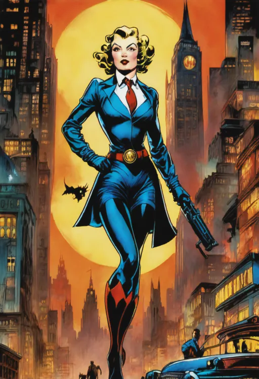 Prompt: Gotham City scene, 1930s aesthetic, woman, by Neal Adams