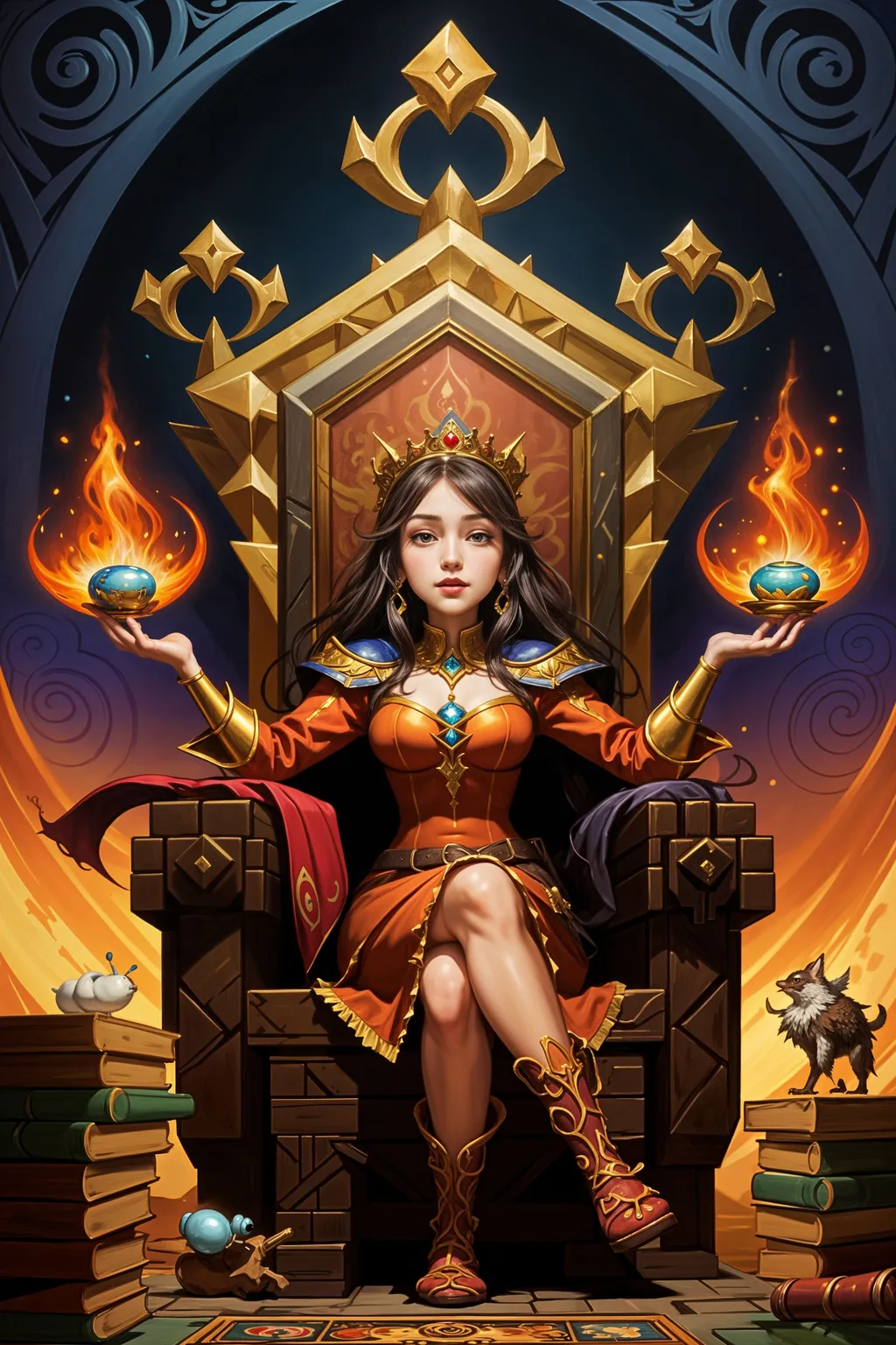 Prompt: a woman sitting on an elaborate throne, by Justin Gerard, card game illustration, manga style, mmorpg, arcane tarot, official print, award winning historic painting, Disney fantasy style, hearthstone card artwork, highest quality, ultra sharp, intricate, elegant, taschen