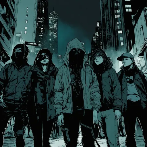 Prompt: a group of people standing on a city street, cover art of graphic novel, hardcore techno, ghost children, dark cityscape, lee mccall, gotham city, wearing urban techwear, three dwarf brothers