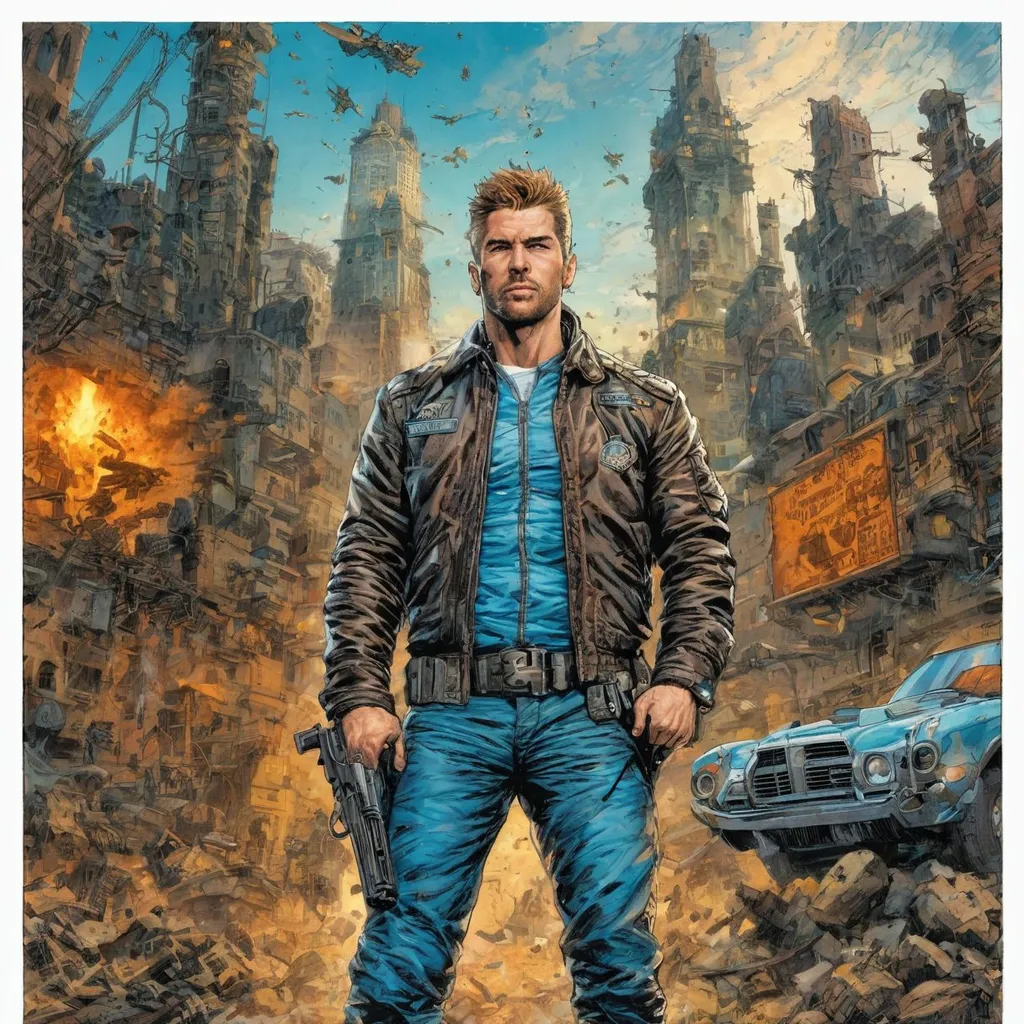 Prompt: Magali Villeneuve, Greg Staples' picture of a man in a leather jacket holding a gun, in a flying city, textless, realistic artstyle, urban patrol, name of the character is chad, comic panels, blurry backround, nypd, war boys, monk, high detail, commission for artstation hd