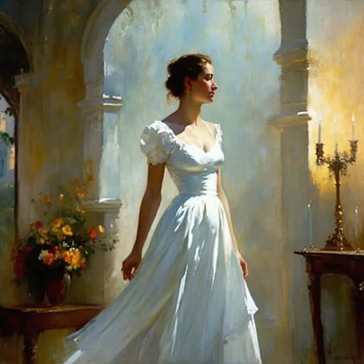 Prompt: a painting of a woman in a white dress, a fine art painting, inspired by Henryk Siemiradzki, stunning sunny lighting, candlelit, john park, beautiful painting of a tall