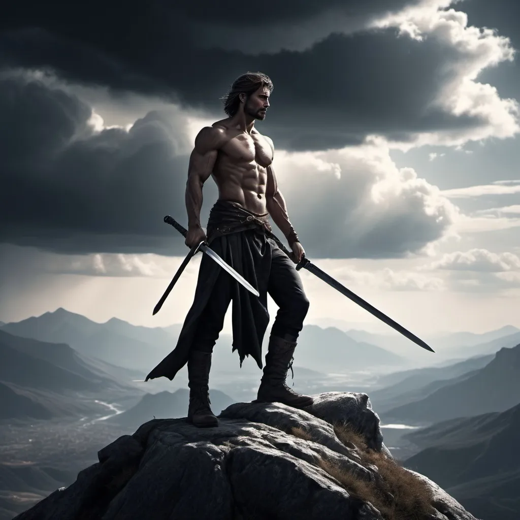 Prompt: man with a sword artist black standing on a mountain add some scars