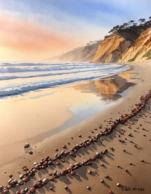 Prompt: Torrey pines state beach at sunrise with less sand showing made into a watercolor, with small pebbles on the sand