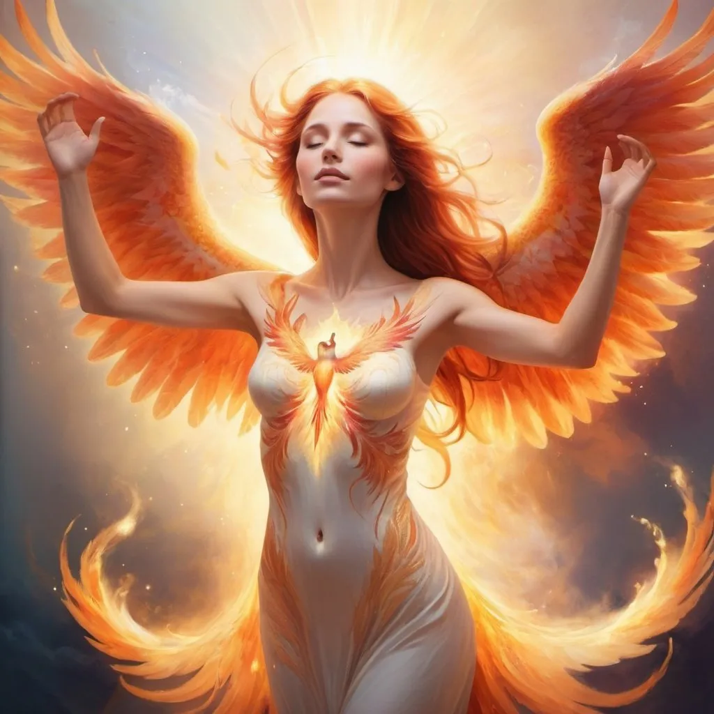 Prompt: phoenix rising with the body and face of a beautiful woman, ethereal, portraying hope and joy and brightness