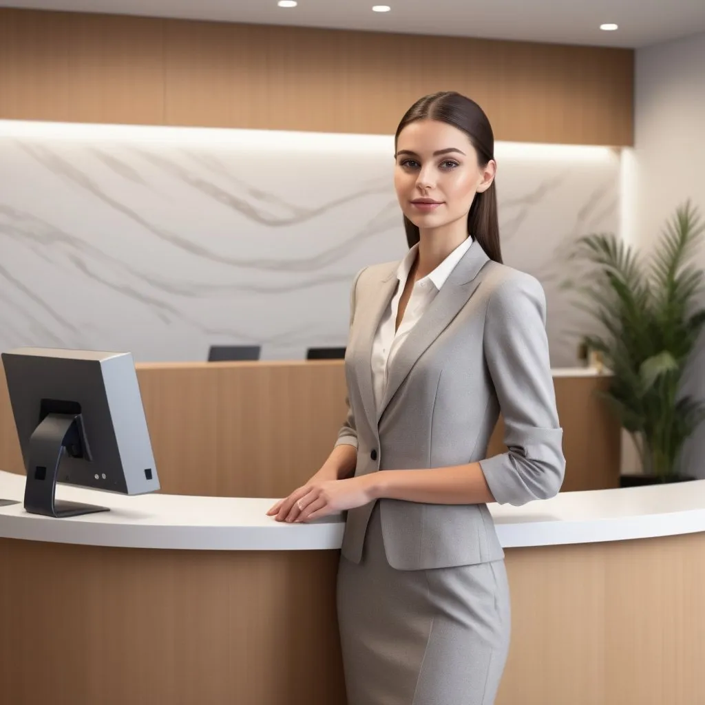 Prompt: Tall young woman in front of reception desk, waiting for her card, modern digital illustration, professional attire, detailed facial features, high quality, realistic, modern, reception area, sleek design, neutral color tones, soft natural lighting