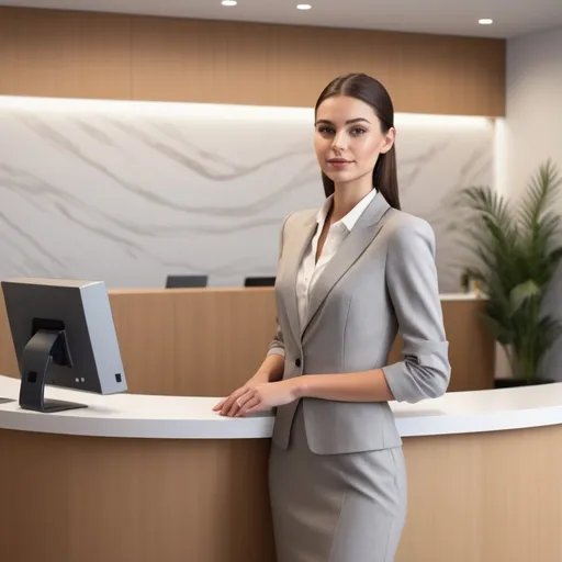 Prompt: Tall young woman in front of reception desk, waiting for her card, modern digital illustration, professional attire, detailed facial features, high quality, realistic, modern, reception area, sleek design, neutral color tones, soft natural lighting