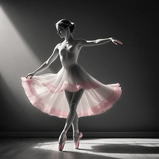 Prompt: Realistic portrayal of a young female dancer, soft lighting, color, detailed floor with pink slippers, high quality, detailed, realistic, soft lights, dancer, elegant, graceful movements, floor, detailed slippers, monochrome, subtle shadows, natural poses