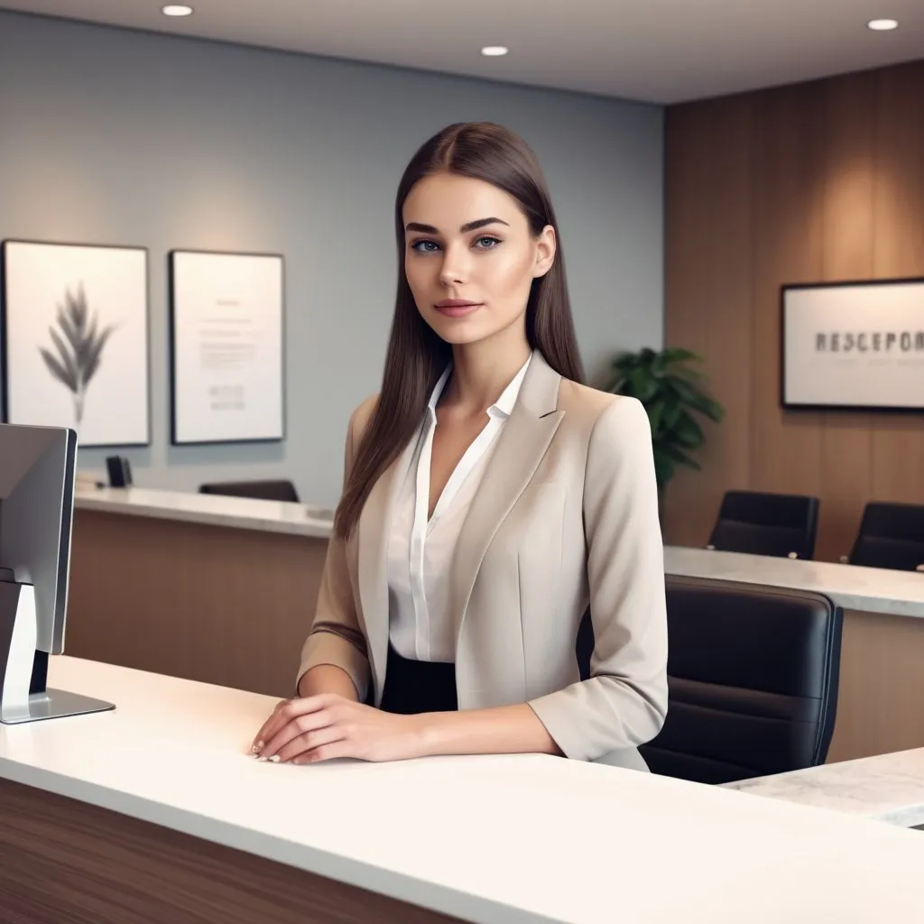 Prompt: Tall young woman in front of reception desk, waiting for her card, modern digital illustration, professional attire, detailed facial features, high quality, realistic, modern, reception area, sleek design, neutral color tones, soft natural lighting, there is a person sit down behind the desk