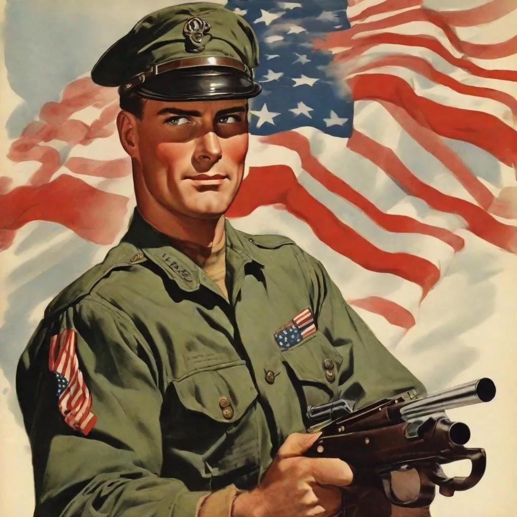 Prompt: handsome military on the first page of magazine, 50's editorial color illustration
and an american flag