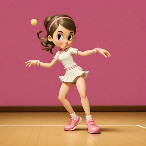 Prompt: Realistic portrayal of a young female tenniswoman, soft lighting, color, detailed floor with pink shoes, high quality, detailed, realistic, soft lights, dancer, elegant, graceful movements, floor, detailed shoes, subtle shadows, natural poses