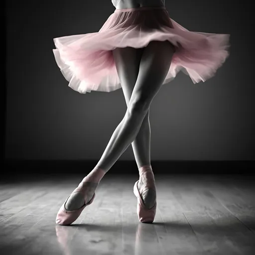 Prompt: Realistic portrayal of a young female dancer, soft lighting, color, detailed floor with pink slippers, high quality, detailed, realistic, soft lights, dancer, elegant, graceful movements, floor, detailed slippers, monochrome, subtle shadows, natural poses