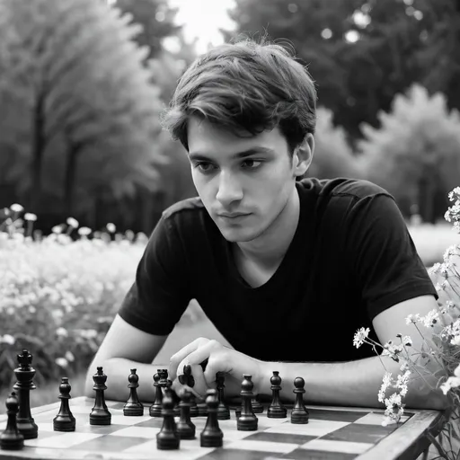 Prompt: a young man, playing chess in a park on the grass and flowers,near trees; with blurry background; copy space, black white, monochrome