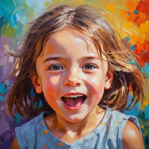 Prompt: Playful child portrait, oil painting, colorful background, high quality, impressionism, vibrant colors, natural lighting, joyful expression, playful gestures, detailed features, vibrant art style, warm tones, happy atmosphere