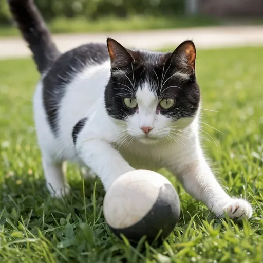 Prompt: Black and white cat playing with a ball  in the grass, short depth of field, ground-level perspective, high quality, photo-realistic, detailed fur, dynamic motion, outdoor scene, natural lighting, non blurred background