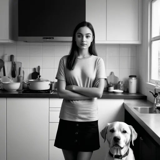 Prompt: young lady portrait black white photorealistic in kitchen with dog
