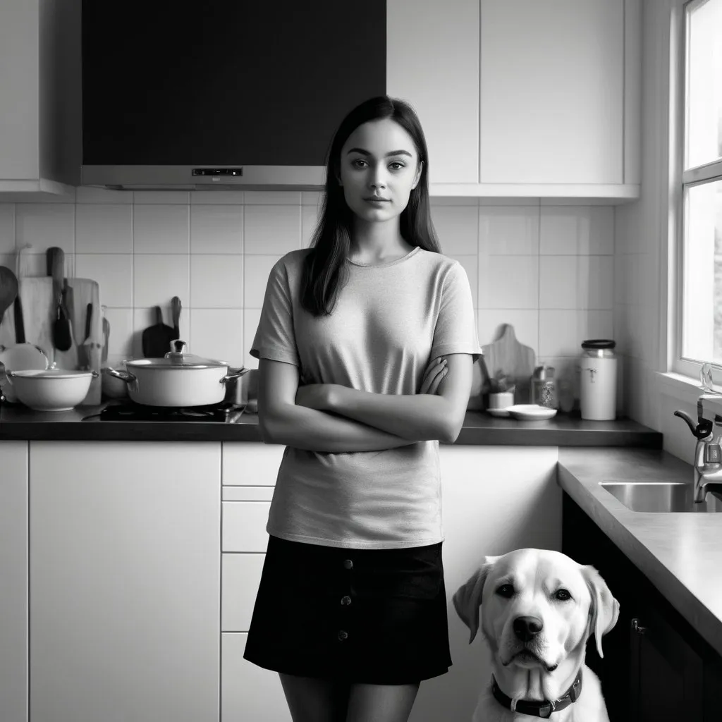 Prompt: young lady portrait black white photorealistic in kitchen with dog
