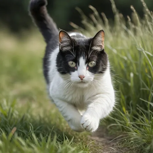 Prompt: Black and white cat running in the grass, short depth of field, ground-level perspective, high quality, photo-realistic, monochromatic, detailed fur, dynamic motion, outdoor scene, natural lighting, blurred background