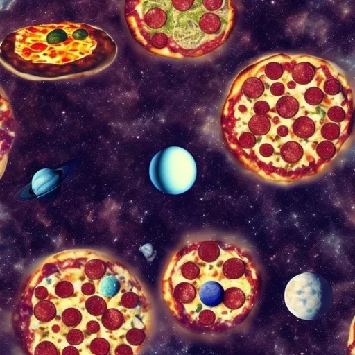 Prompt: Galaxy with small floating pizzas  and the moon and other planets wallpaper for phone 
