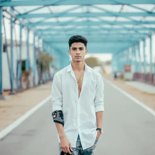 Prompt: Standing confidently in a spacious outdoor setting, a young man captures attention with his casual yet stylish appearance. He wears a crisp white shirt, open at the collar, paired with faded jeans and casual sneakers, conveying a relaxed attitude. In one hand, he holds a black bandana, adding a touch of personality to his ensemble. The scene is bathed in natural light, highlighting the blue steel structure overhead and the clean lines of the pavement leading off into the distance. His expression is serious yet inviting, suggesting a moment of contemplation amidst a background that hints at everyday life.