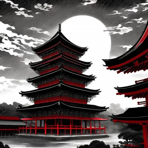 Prompt: Japanese pagoda building, black and white painting, red rising sun, cool anime style, 